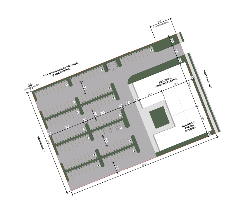Proposed site plan: Building 2, the community center, and Building 1, the prayer building, arranged around a landscaped courtyard, with 132 parking spaces alongside.